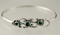 Sterling Silver Victorian Inspired Strap Latch Spring Hook Bangle Bracelet With Malachite